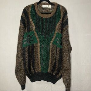 Vintage MENS 2XL Career Club Leather Applique Knit  Pullover Sweater Brown Green